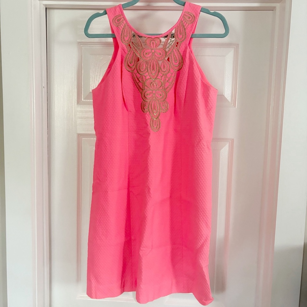 Lilly Pulitzer Largo Pink Sun Ray Gold Shift Dress Size 8